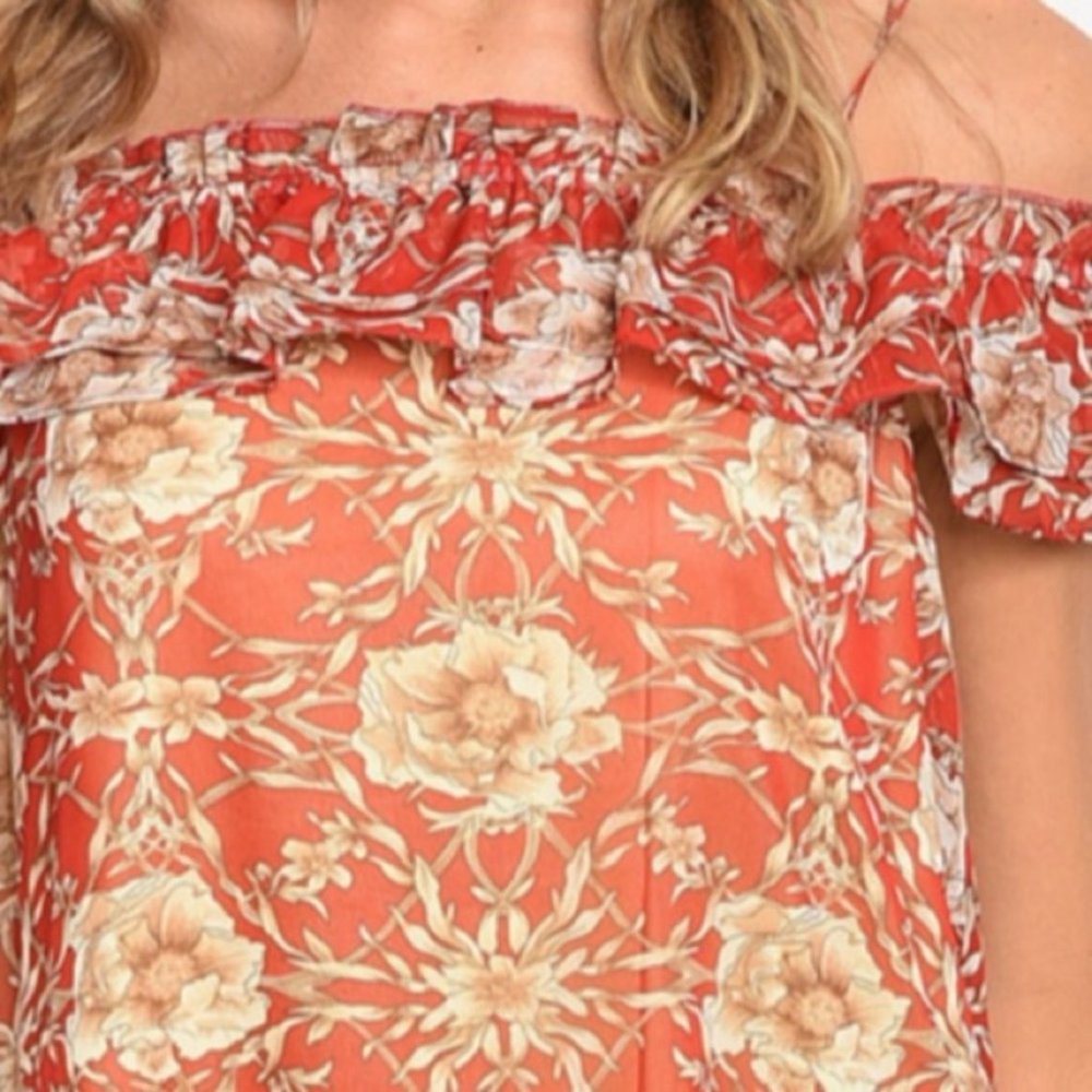 Boho Chic Cold Shoulder Rustic Floral Ruffle Dress - Picture 4 of 6